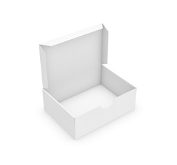 3d rendering of a white rectangular box with an opened attached lid on white background.