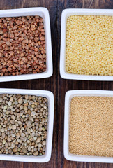 Buckwheat millet amaranth and hemp seeds in a bowls
