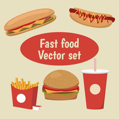 Set of colorful cartoon fast food. Vector illustration