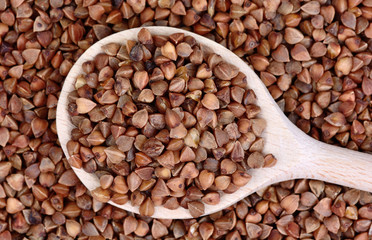 Group of buckwheat groats in a spoon