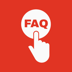 Hand pressing a button with the text FAQ icon. Support, assistance, maintenance symbol. Flat design. Stock - Vector illustration