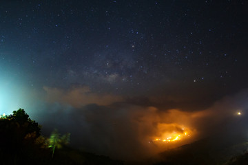 Fototapeta na wymiar Milky way galaxy over foggy mountains at Phutabberk Phetchabun in Thailand. Long exposure photograph.