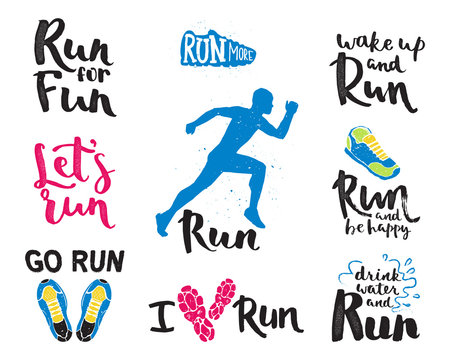 Running man marathon logo jogging emblems label and fitness training athlete symbol sprint motivation badge success work isolated runner vector illustration.