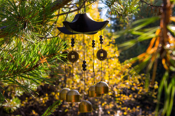 Closeup wind chimes in autumn garden. Happiness, success, power, wealth