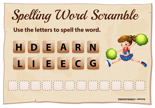 Spelling word scramble game with word cheerleading