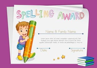 Spelling award certificate template with kids and crayon