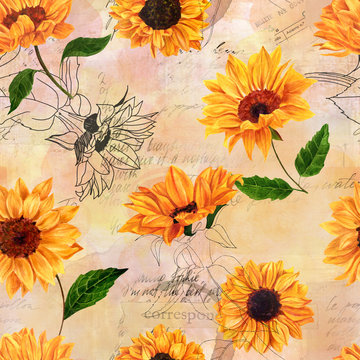 Seamless pattern with watercolor sunflowers on old ephemera