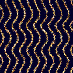 Seamless pattern with dark blue and gold glitter waves. Retro shiny background with glittering yellow metal stripes. Grunge vector backdrop for wrapping, christmas or birthday gift card or fabric.