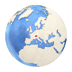 Switzerland in red on full globe isolated on white