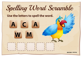 Spelling word scramble game with word macaw