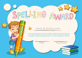 Spelling award template with kid and book in background
