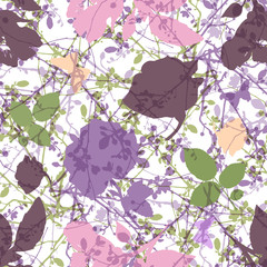 Seamless vector pattern with flowers, leaves, and butterflies