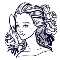 Beautiful vector illustration of a girl and a mask. Phantom of the Opera. Opera diva and Muse. Tattoo poster prints for T-shirts or coloring books.