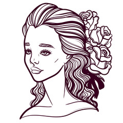 Beautiful vector illustration of a girl and a flowers. Phantom of the Opera. Opera diva and Muse. Tattoo poster prints for T-shirts or coloring books.