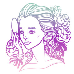 Beautiful vector illustration of a girl and a mask. Phantom of the Opera. Opera diva and Muse. Tattoo poster prints for T-shirts or coloring books.