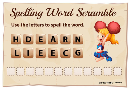 Spelling word scramble game for cheerleading