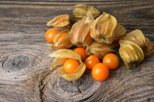 Physalis fruit over wood