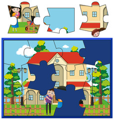 Obraz na płótnie Canvas Jigsaw puzzle game with family at home