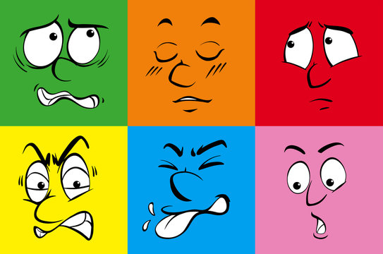 Six human emotions on colorful background