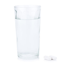 water glass. pill white. Take a medicine. isolated on white background