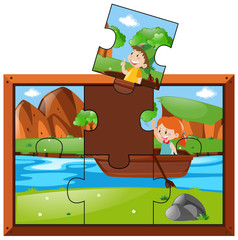 Jigsaw puzzle game with kids rowing boat