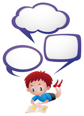 Speech bubbles template with litter boy reading book
