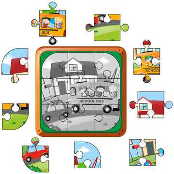 Jigsaw puzzle game with kids on school bus