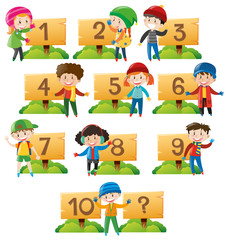 Children and numbers on wooden board