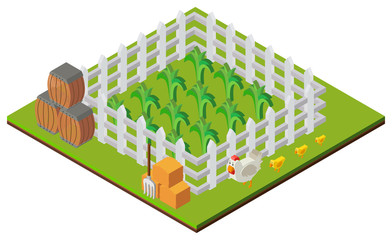 3D design for farm scene with crops and chickens