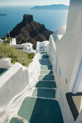 Architecture of  island of Santorini, the most romantic island in the world, Greece. Hotels in Santorini. Walking the streets of Fira summer day, Travel to Greece. Beautiful white exterior Santorini