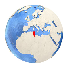 Tunisia in red on full globe isolated on white