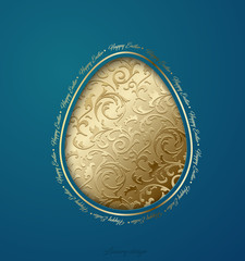 Easter greeting card with caper cut egg golden floral pattern. Turquoise background. Happy Easter text around