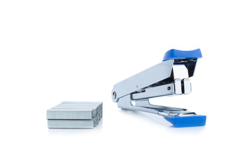 stapler steel color  blue and staples  isolated on white background