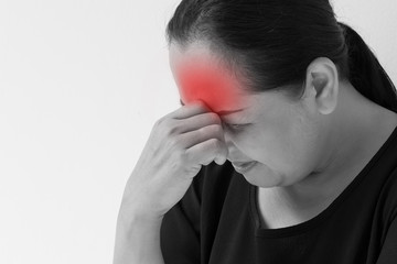 Fototapeta premium stressed middle aged woman with headache, tension, overwork, insomnia, stress, emotion instability