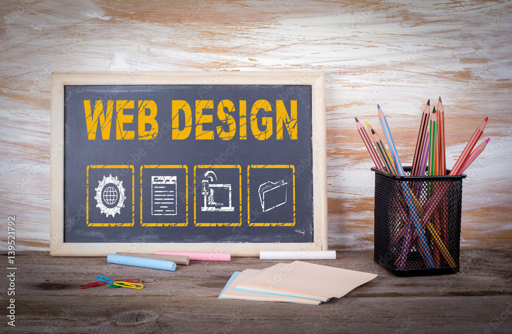 Sticker web design concept. old wooden table with texture.