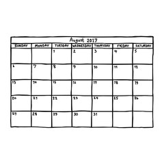 calendar August 2017 - vector illustration sketch hand drawn with black lines, isolated on white background