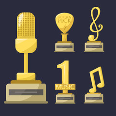 Gold rock star trophy music notes best entertainment win achievement clef and sound shiny golden yellow melody success prize pedestal victory vector illustration.