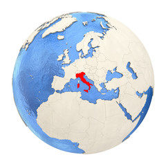Italy in red on full globe isolated on white