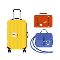 Travel tourism fashion baggage or luggage vacation handle leather big packing briefcase and voyage destination case bag on wheels vector illustration.