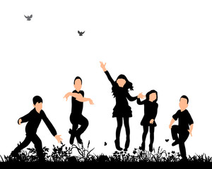  silhouette of group of kids jumping, isolated