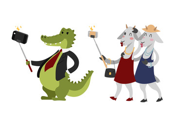 Funny picture photographer mamal person take selfie stick in his hand and cute animal taking a selfie together with smartphone camera vector illustration.