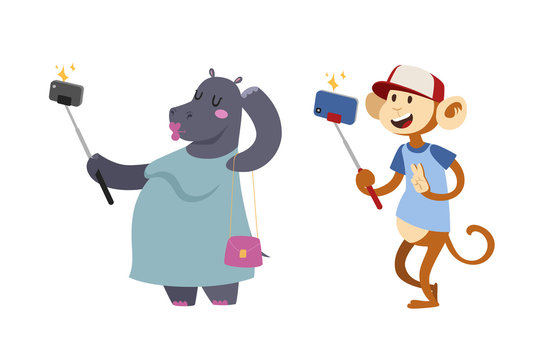 Funny picture photographer mamal person take selfie stick in his hand and cute animal taking a selfie together with smartphone camera vector illustration.