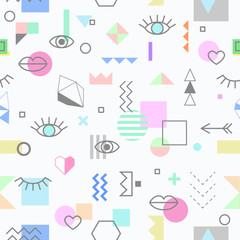 Seamless pattern with eyes and lips and geometric elements. The template for the cover fabric, books. Memphis style - 139523126