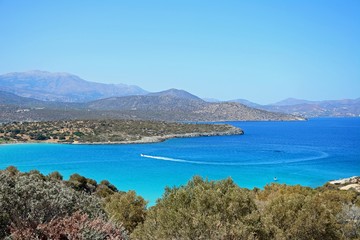 Elevated view of the sea and coastline with mountains to the rear, Istro, Crete.