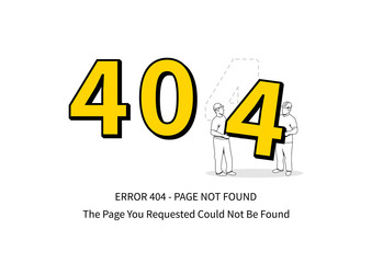 Error 404 page with workers vector illustration on white background. Broken web page graphic design. Two loaders carry 4 number. Error 404 page not found creative template.
