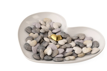 A heart gold and  many stone heart on the saucer. 3D illustration.