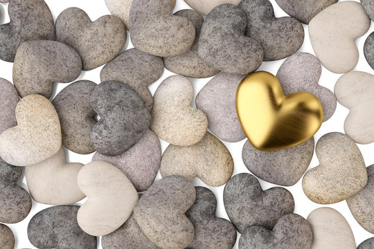 A heart gold and  many stone heart on white background. 3D illustration.