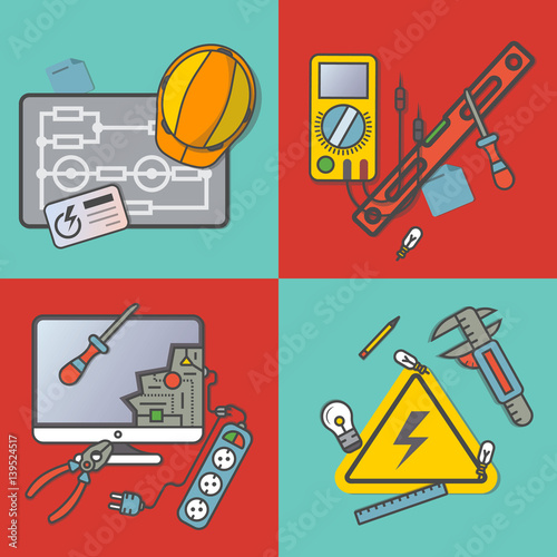 Electricity Engineering Banner Set In Flat Design Stock Image And