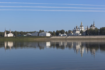 View of the waterfront in the town of Veliky Ustyug with Sukhona river, Vologda region, Russia