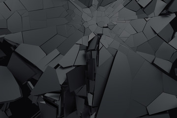 Abstract 3d rendering of cracked surface. Background with broken shape. Wall destruction. Bursting with debris. Modern cgi illustration. Design for poster, banner, placard, cover, print.